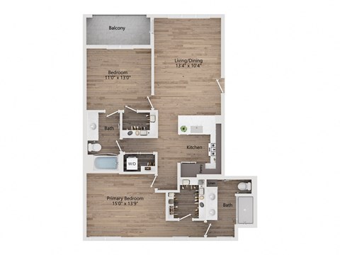A floor plan of a home with a balcony, living/dining area, two bedrooms, a kitchen, a WC, and a primary bedroom.
